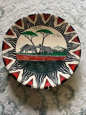 Hand-Painted African Zebra Decorative Plate - Red, Green, Black.  Soapstone